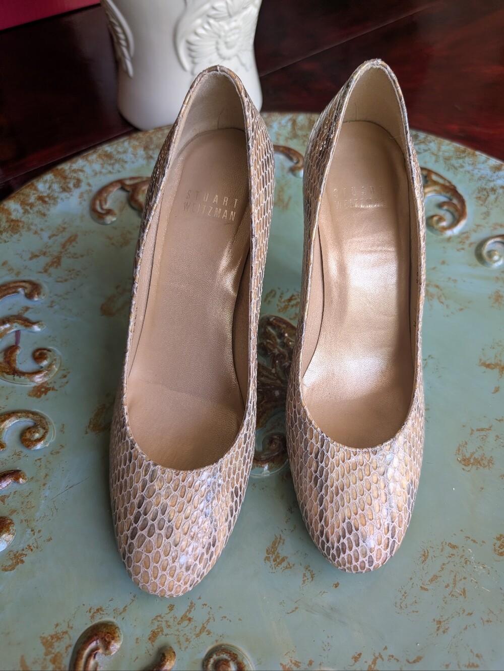 Stuart Weitzman Women’s Neutral Snakeskin Pattern High Heel Shoes Size 7M - Picture 2 of 12